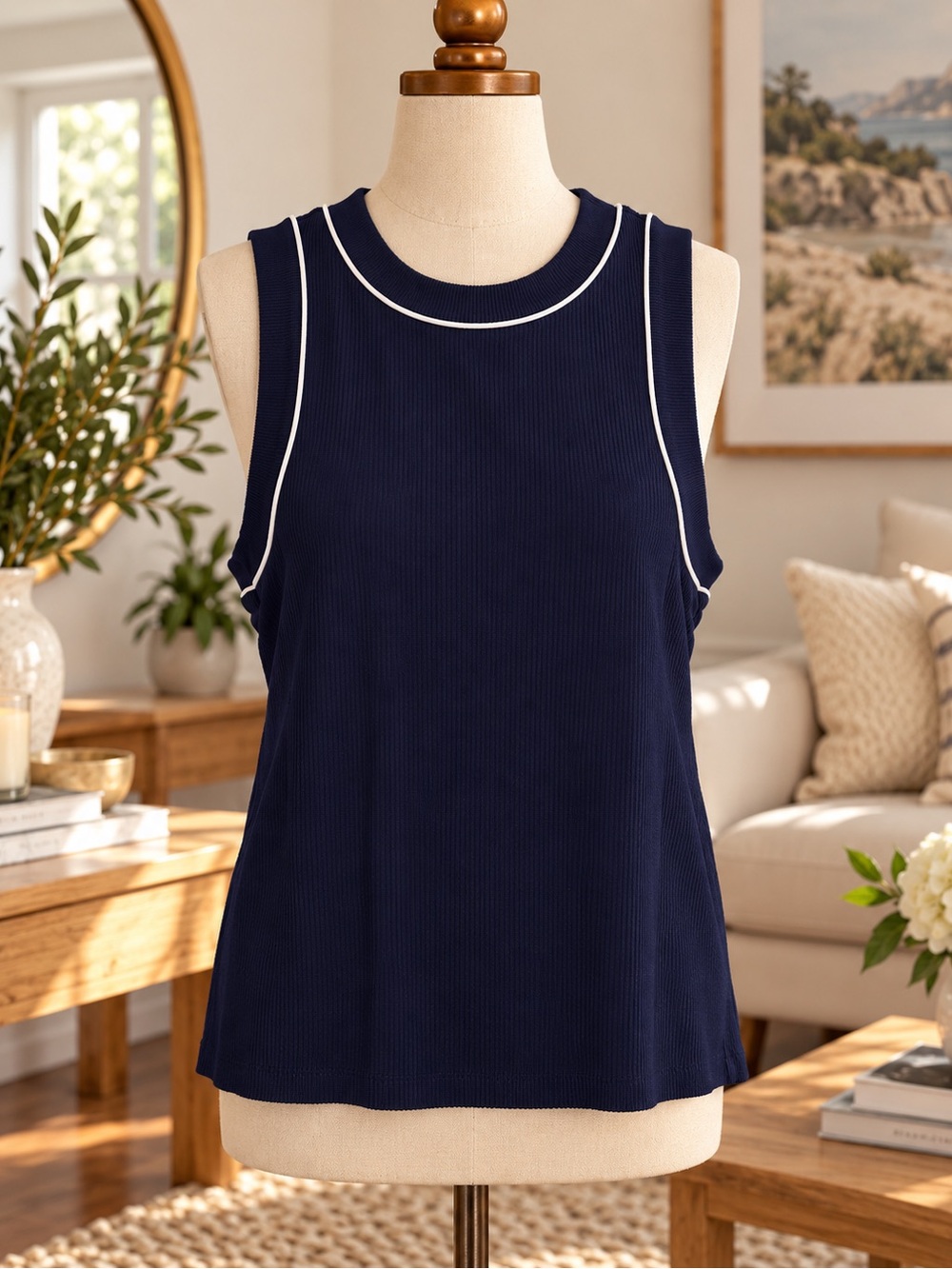 Tahari Navy Ribbed Tank Top with White Trim
